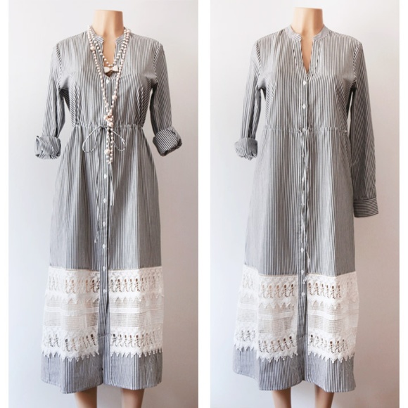 Stripe Cotton Drawstring Crochet Midi Shirt Dress - Picture 5 of 8